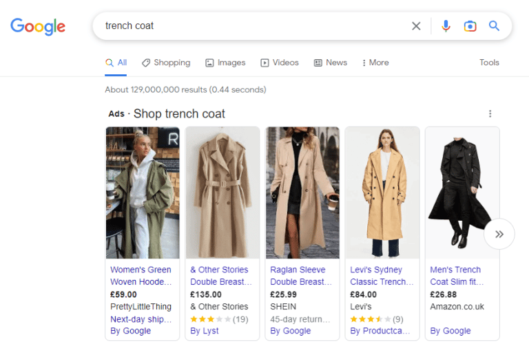 trench coat search google ads shopping